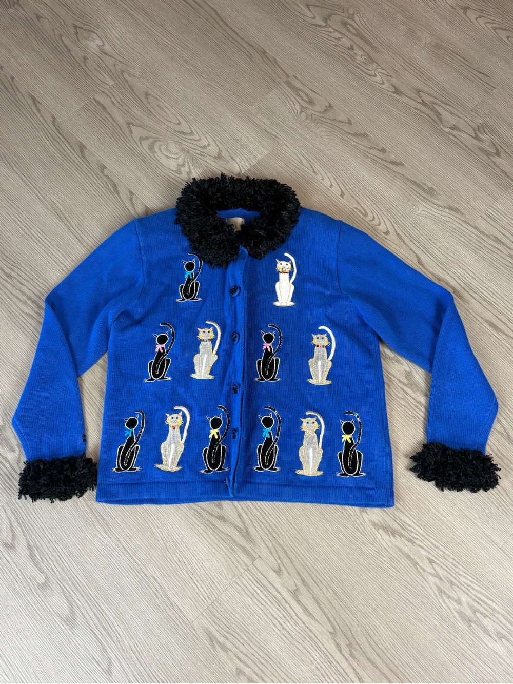 Berek Royal Blue Cat Cardigan with Black Faux-Fur Trim